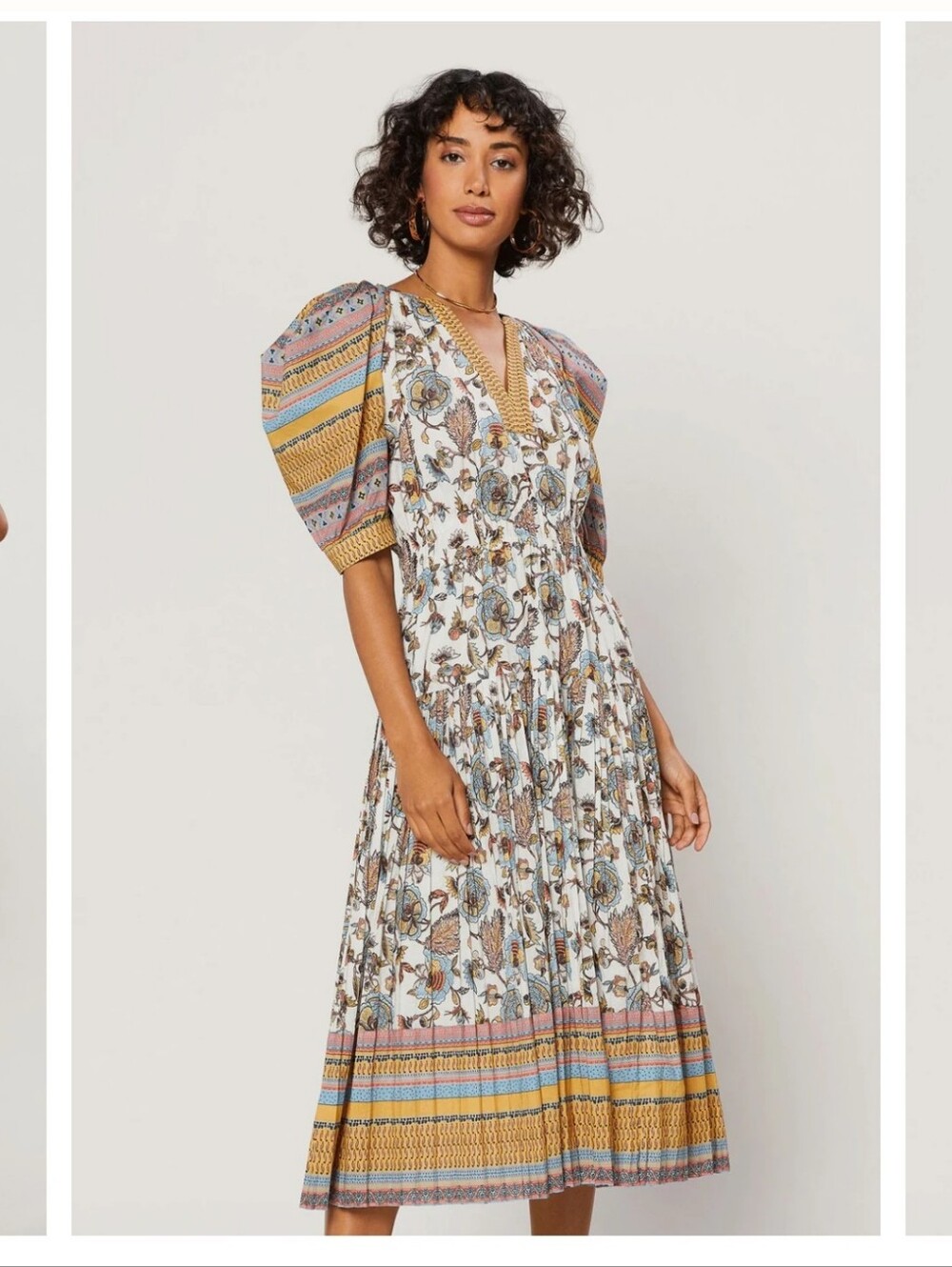 Current Air White Multi Floral Puff-Sleeve Midi Dress